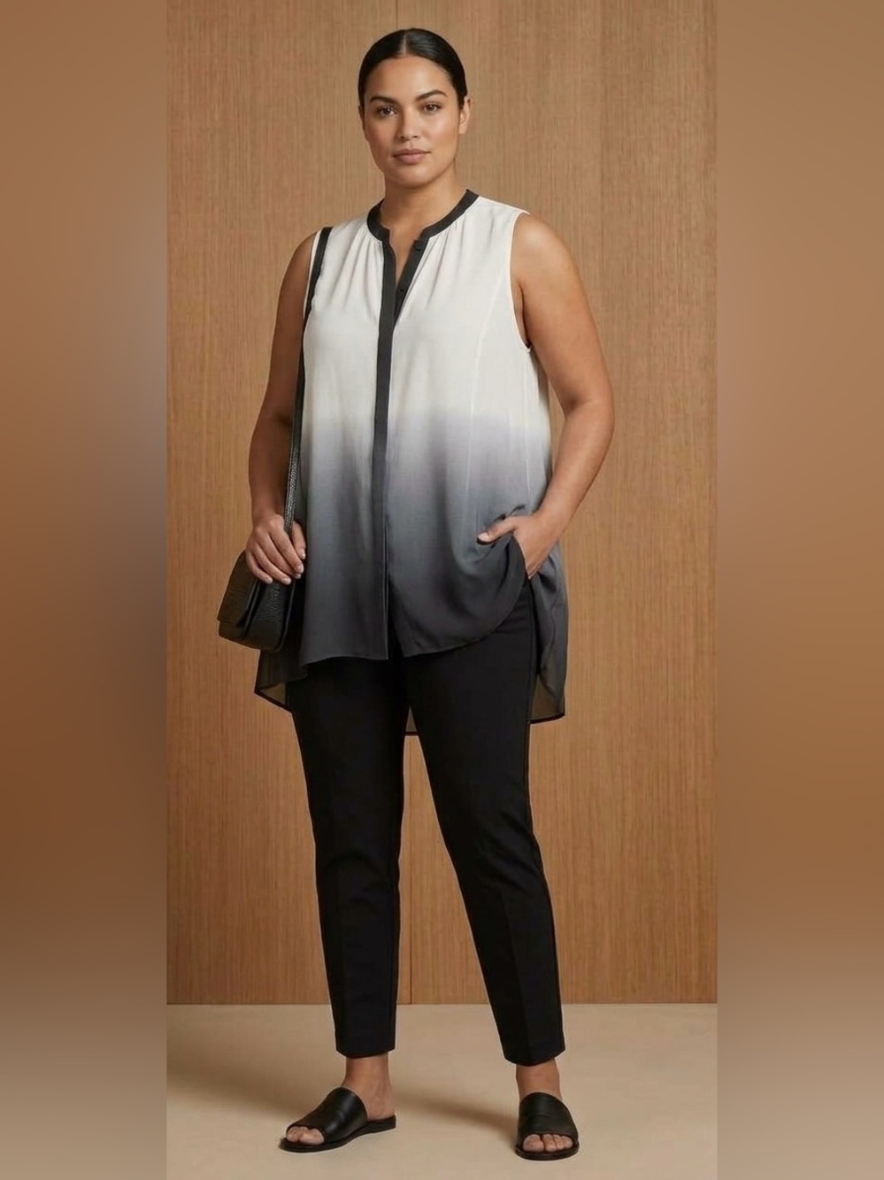 Eileen Fisher 100% Silk Chiffon Ivory Grey Blk Ombre Sleeveless Tunic Blouse L
